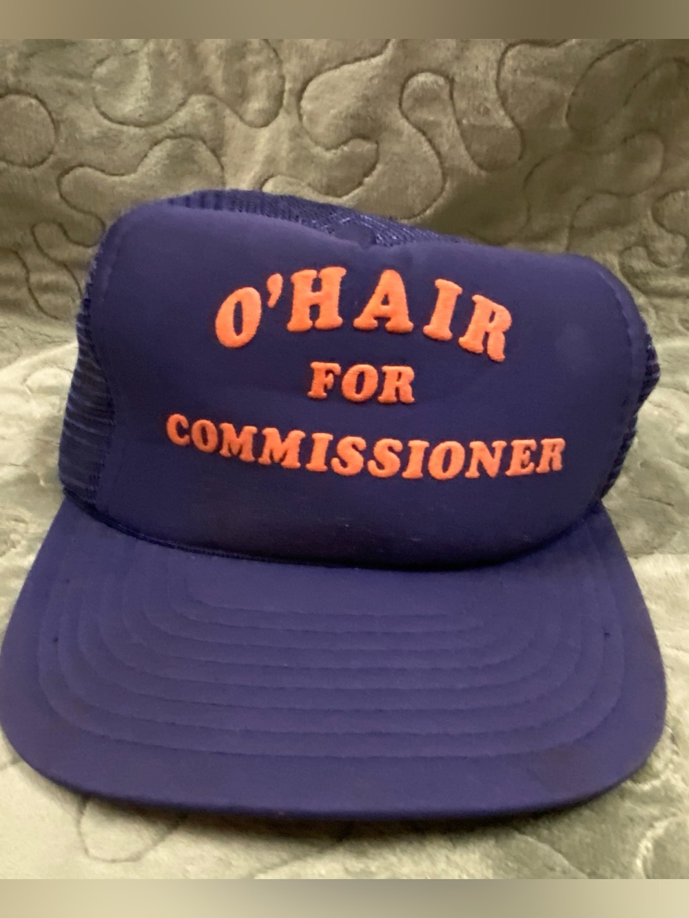 80s O'HAIR For Commissioner Snapback Mesh Trucker Hat, Navy Blue and Orange
